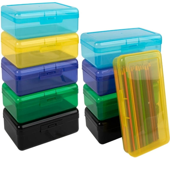 50 Pack of Bulk Wholesale Clear Colorful Hard Shell Pencil Case Boxes in Stackable Design for Storing Pens, Pencils and Writing Supplies in Multiple Colors
