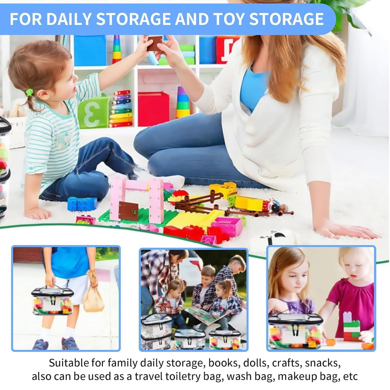 B-Qtech 8 Pack Clear PVC Toy Storage Bags - Waterproof Organizer with Name Tag & Manual Pocket for Legos, Beyblades, Puzzles, Building Blocks