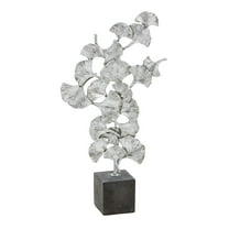10" x 19" Silver Polystone Handmade Floral Sculpture with Black Block Base, by DecMode