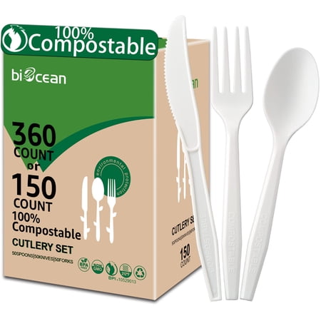 100% Compostable No Plastic Knives Forks Spoons Utensils, Heavyweight Heavy Duty Eco Friendly Flatware for Lounge Party Wedding BBQ Picnic Camping
