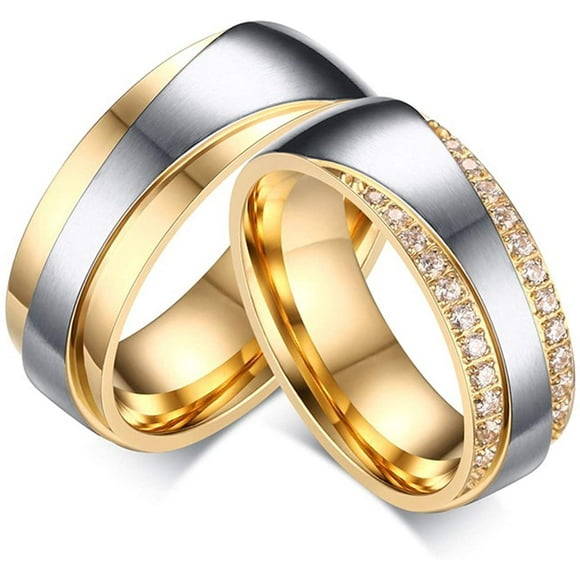 IGUOHAO Couple Wedding Rings Set, Stainless Steel Rings for Couples Set Two-Tone Ring with Cubic Zirconia Comfort Fit Rings