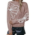 thumbnail image 3 of Female Floral Sweater Crew Neck Lantern Sleeve Fall Winter Trendy Warm Chunky Pullover Tops Pink M, 3 of 8
