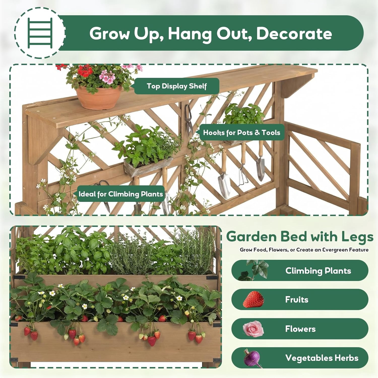 PETSCOSSET Raised Garden Bed with Trellis, 2-Tier Elevated Planter Box with Legs & Top Shelf, Wooden Garden Beds for Plants
