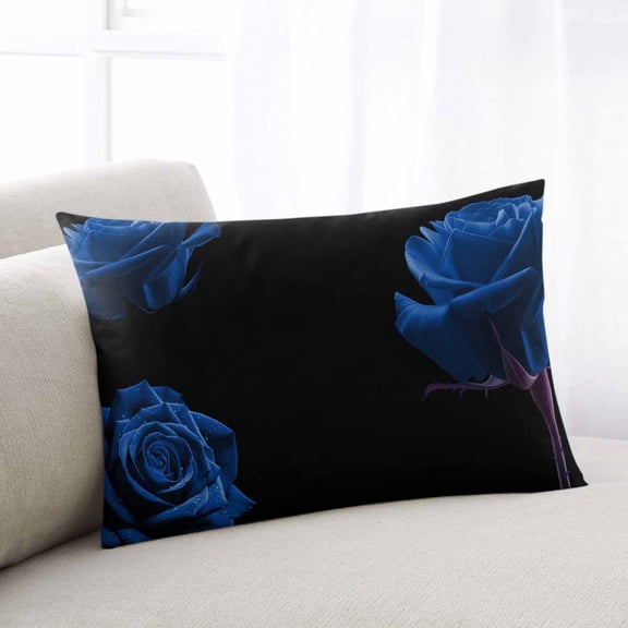 Blue Rose Small Pillow Covers, Vintage Abstract Garden Flower Floral Black Soft Throw Pillow Cases with Invisible Zipper, Decorative Pillowcase Pillows Protectors for Sofa Bed Chair 12"x20"