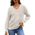 thumbnail image 2 of Women Knit Sweaters Fall V Neck Long Sleeve Pullover Casual Loose Sweater White XXL, 2 of 6