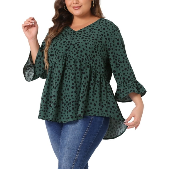 DARING DIVA Women's Plus V Neck Ruffle Sleeve Polka Dots Babydoll Top 2X Dark Green