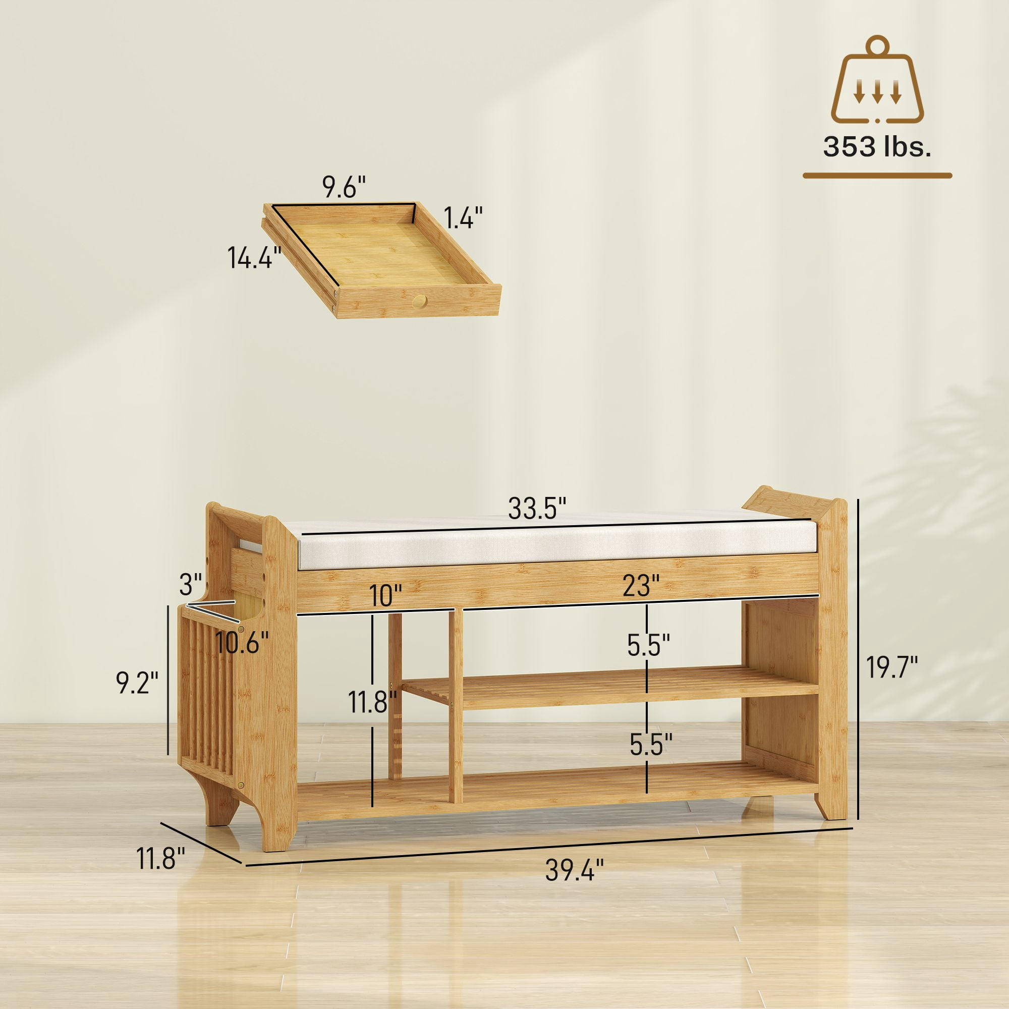 Bamboo Entryway Shoe Storage Bench with Cushioned Seat, Zoned Shoe & Boot Shelves Side Umbrella Compartment Slim 11.8in Depth Hallway Organizer Supports 352lbs Natural Cream