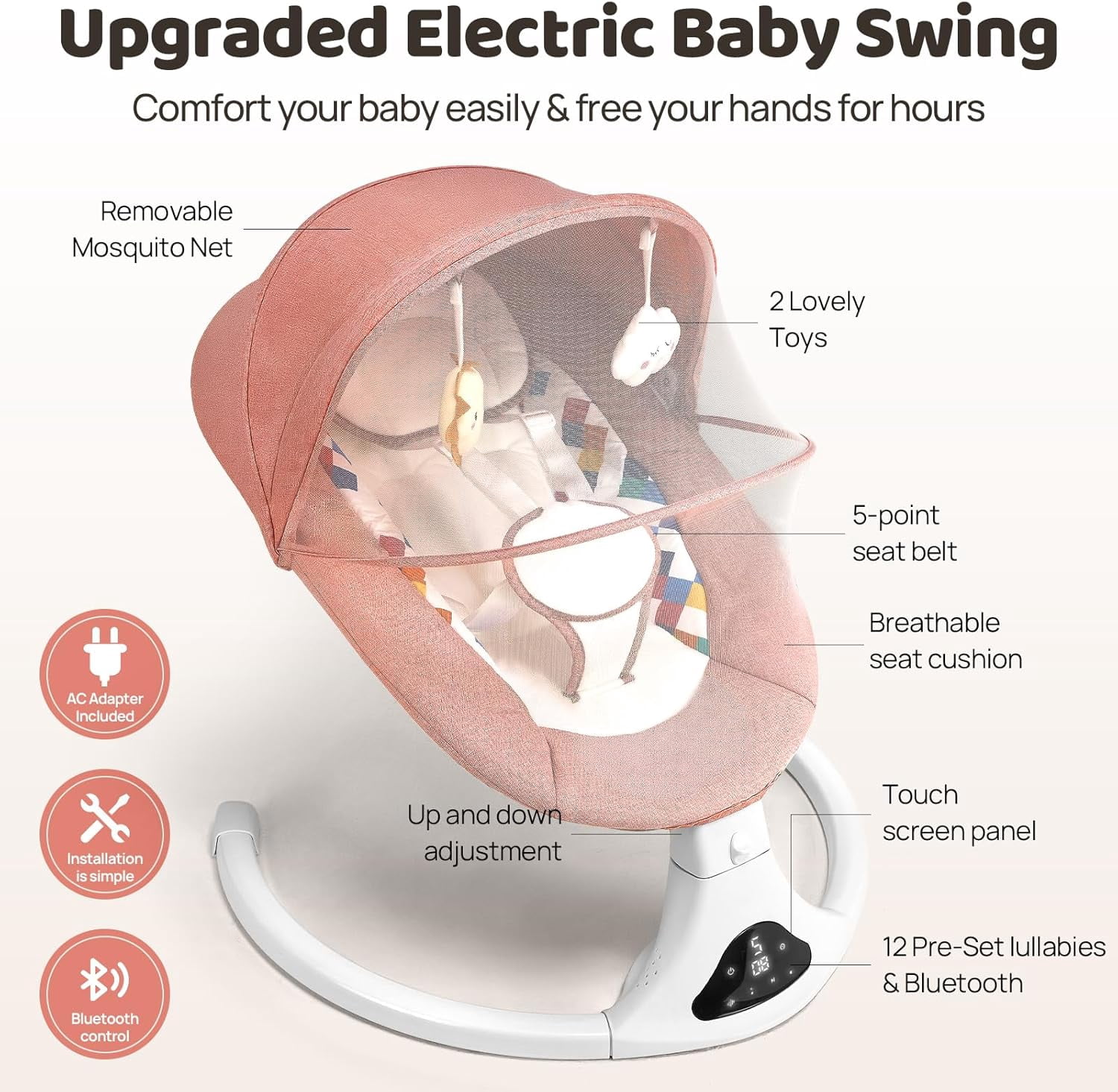 Baby Swings for Infants, Pink Infant Swing with 5 Speeds, 12 Soothing Melodies, Bluetooth & Remote Control, Portable Baby Swing for Indoor and Outdoor