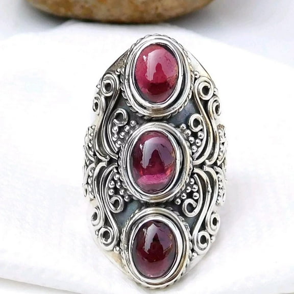 Red Garnet Ring, 925 Sterling Silver Ring, Three Stone Ring, Gemstone Ring, Dainty Ring, Designer Ring, Minimalist Ring, Personalized Gift*