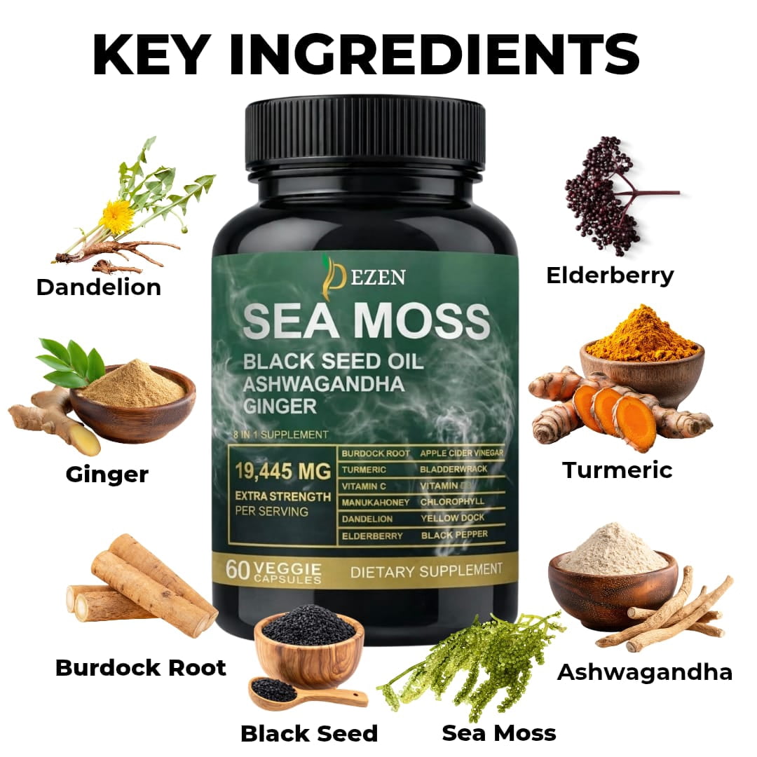 Sea Moss Capsules with Ashwagandha, Black Seed Oil, Burdock Root & Turmeric, Multi Ingredient Herbal Supplement, Pack 5