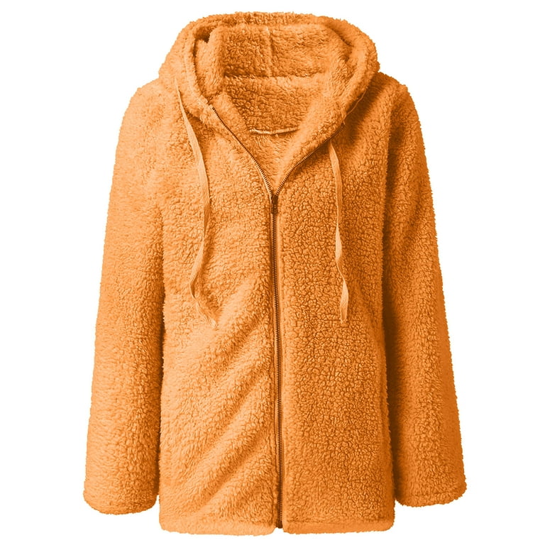 Women Fuzzy Fleece Plush Full-zip Up Jackets with Hood Pockets Long Sleeve  Loose Shaggy Warm Hooded Sweatshirt (Medium, Orange) 