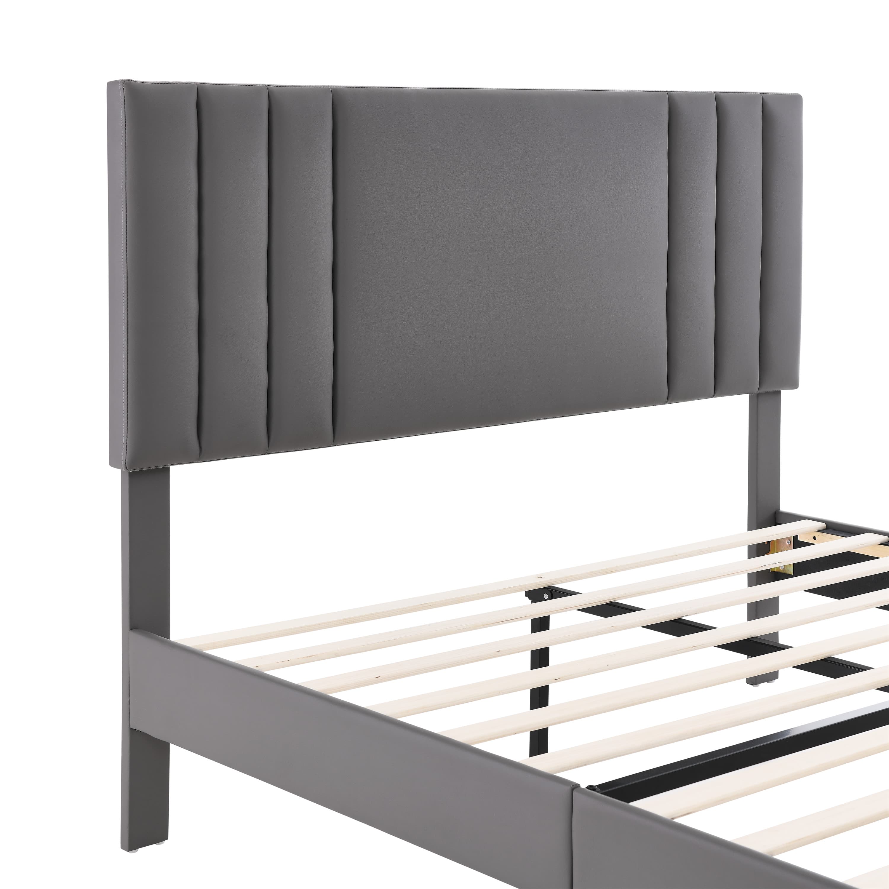 BSHTI King-Size Platform Bed Frame with PU Upholstered Headboard, Wood Slats Support and Center Support Leg,Gray