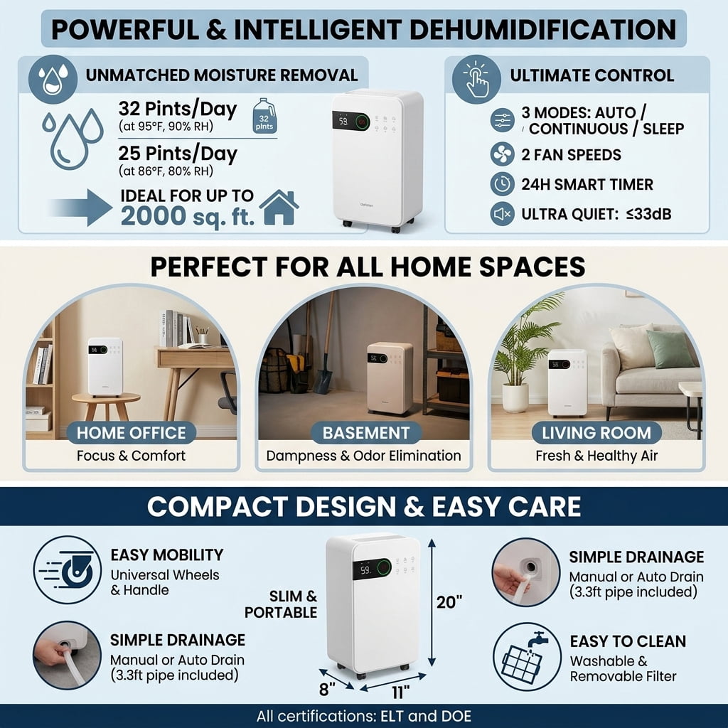Topcobe 32 Pints Dehumidifier with Sleep Mode and 24H Timer, Dehumidifier for Home Basement and Large Room, White