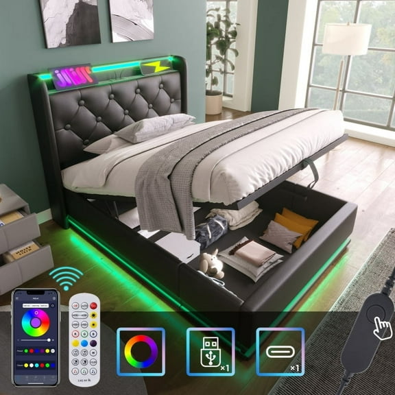 Twin Size Upholstered Hydraulic Storage Bed, 360° Surround LED, Buttons/Apps/Remote Control, USB Type-C Charging, Black, PU, Without Mattress