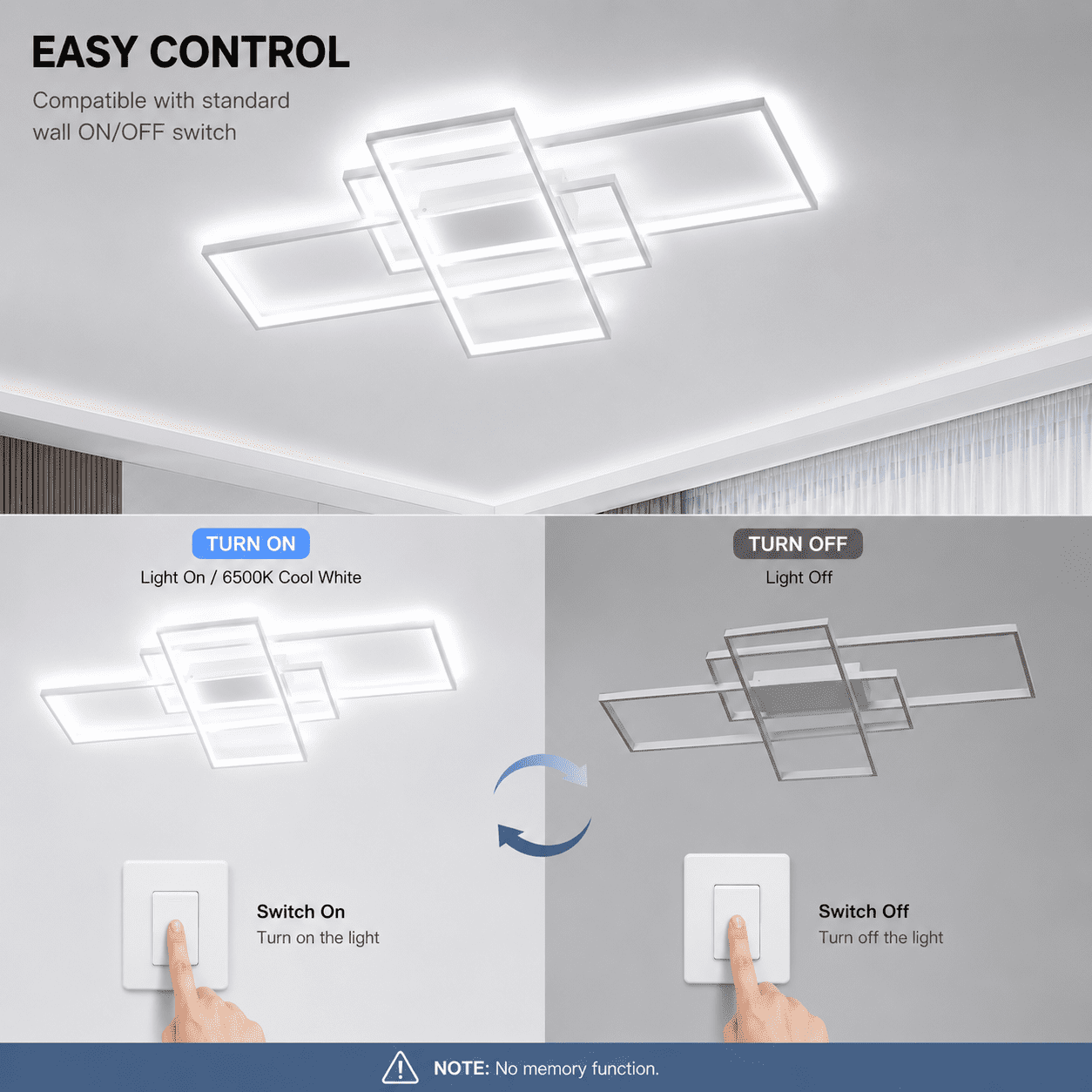 Garwarm Modern White LED Ceiling Light 75W, 3-Square Acrylic Flush Mount Ceiling Lamp, 6500K Cool White Ceiling Light Fixture for Living Room, Bedroom, Kitchen, Dining Room, Study