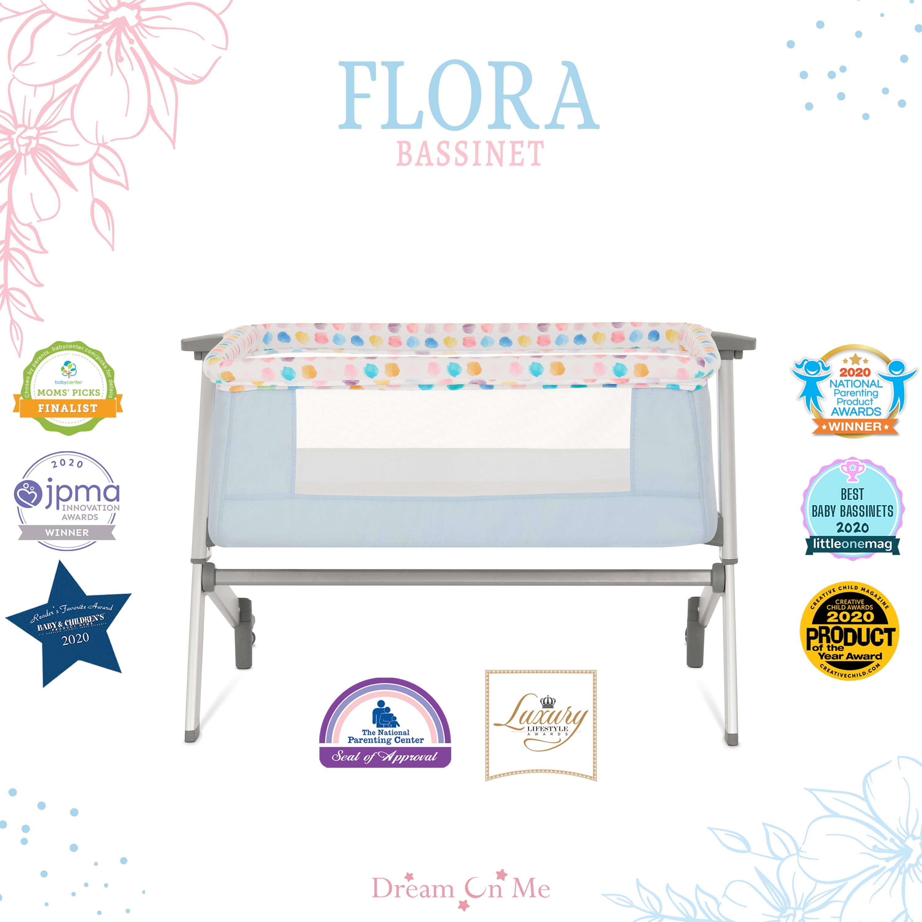 Dream On Me Flora Bassinet with Carry Bag , Compact & Modern, Confetti Blue