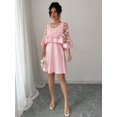 thumbnail image 5 of Pink Womens Elegant Floral Appliqué Chiffon Overlay A-Line Short Dress, 5 of 6
