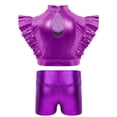 thumbnail image 4 of TiaoBug Kids Girls Jazz Hip Hop Dance Outfit Sleeveless Ruffle Crop Tops with Metallic Shorts Set Dancewear Purple 16, 4 of 6