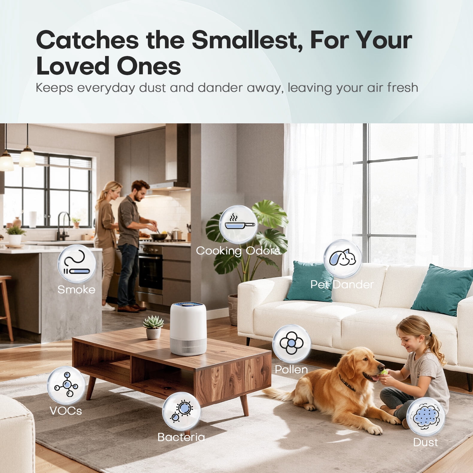 Air Purifier for Home, Covers up to 1076 Sq Ft, High Efficiency 360° Intake Filter, 3 Speeds Quiet Cleaner for Pet Hair, Odors, Pollen, Smoke, White