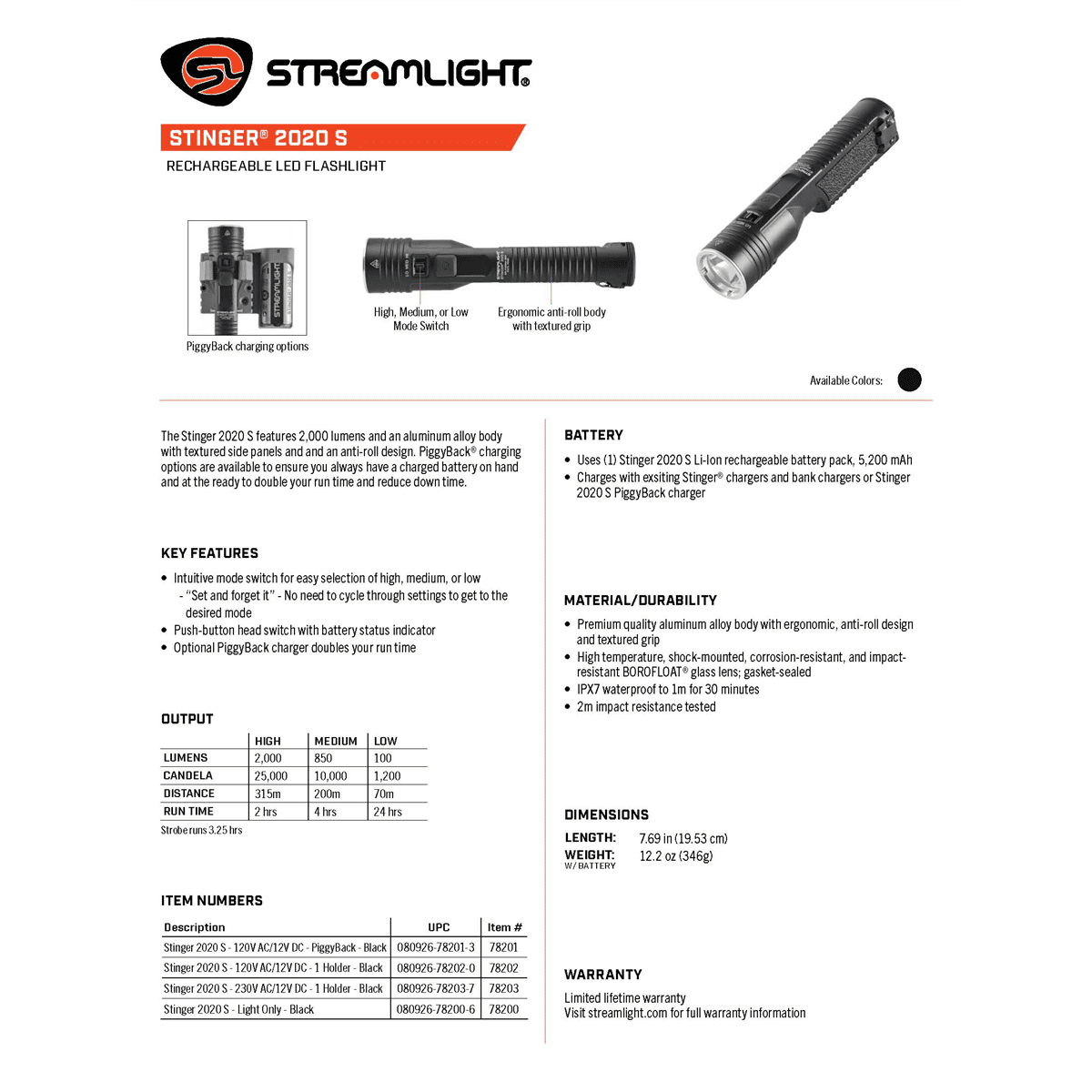 Streamlight 78230 Stinger 2020 Rechargeable Flashlight 2000 Lumen TAA