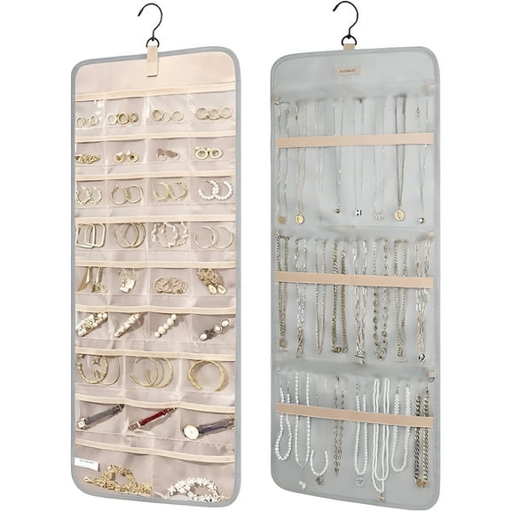 LAMIRO Hanging Jewelry Organizer Storage Roll with Hanger Metal Hooks Double-Sided Jewelry Holder for Earrings, Necklaces, Rings on Closet, Wall, Door, 1 piece