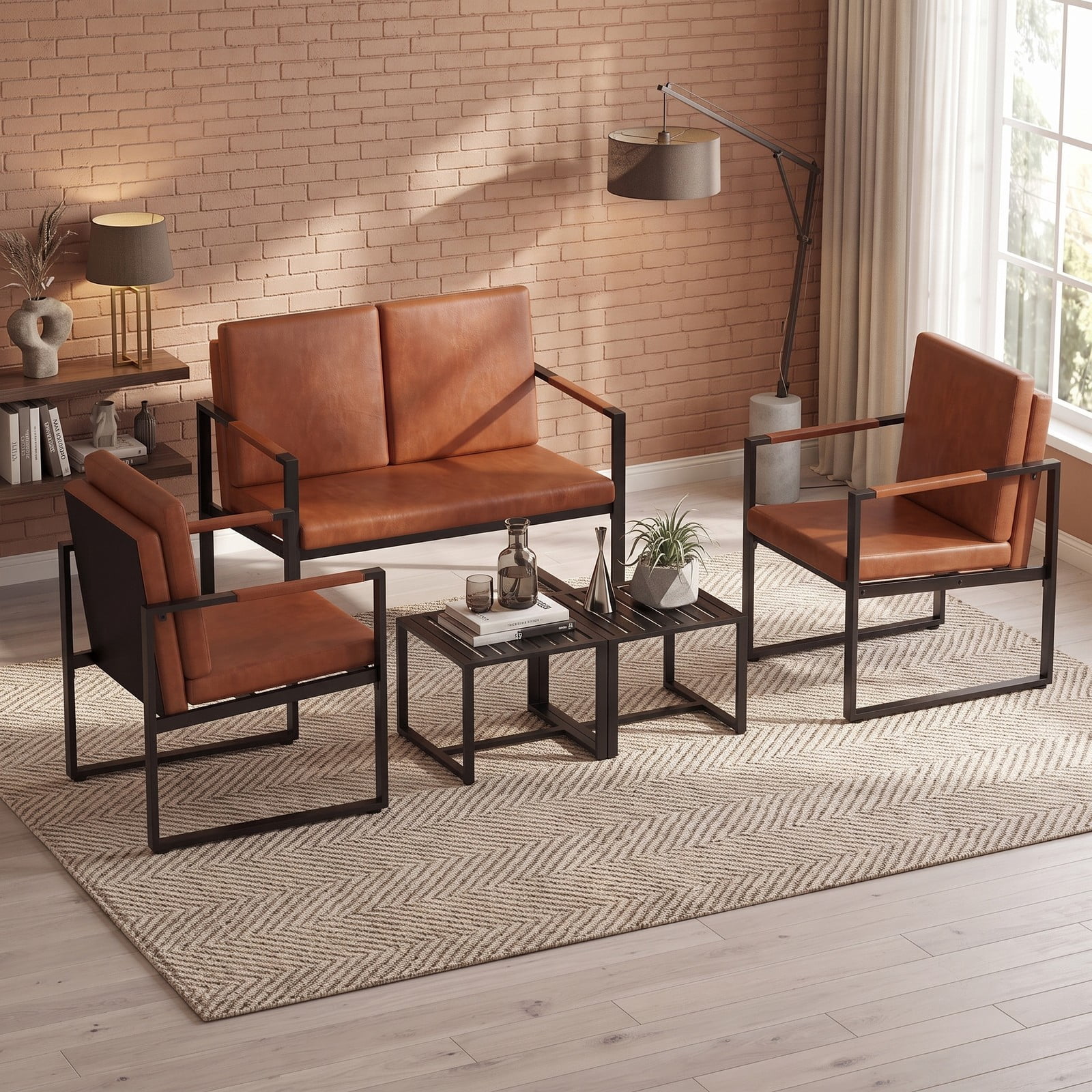 Furnibear Set of 2 Mid Century Modern Accent Chairs, PU Leather Single Sofa Armchair with Back Cushion, Metal Frame Living Room Reading Lounge Side Chair, 265, Brown