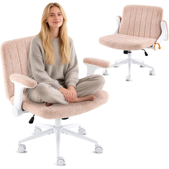 VINGLI Criss Cross Chair with Adjustable Flip-Up Arms,Cross Legged Chair with Wheels, Extra Wide Office Chair,Cozy Desk Chair for Home Office, Vanity, Apartment,Chenille Velvet,Orange