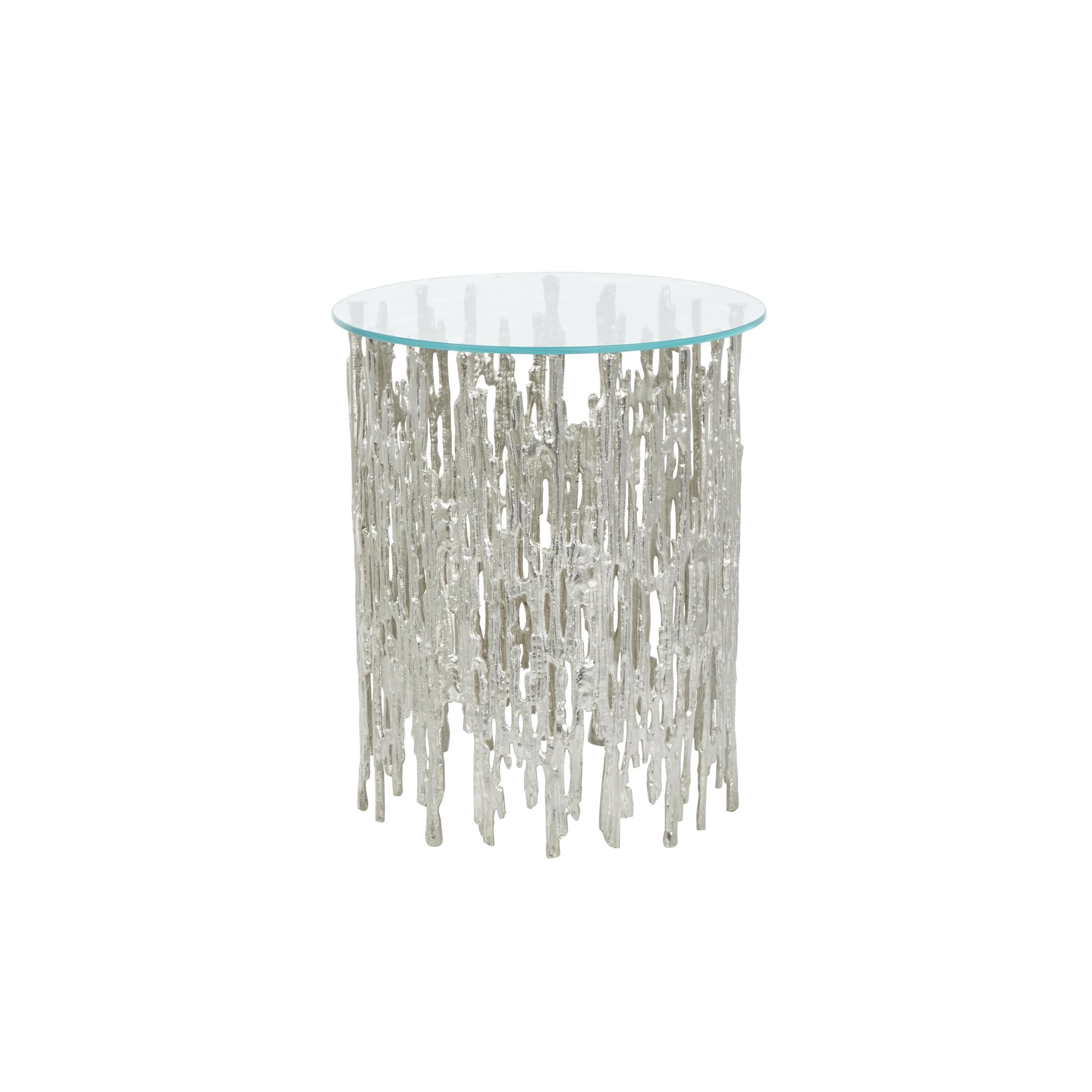 DecMode 18" x 21" Silver Aluminum Metal Metallic Cutout Abstract Accent Table with Glass Tabletop, 1-Piece