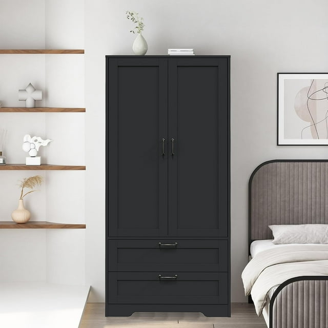 Armoire Garde-Robe Placard avec 2 Tiroirs, Armoire Moderne en Bois pour Chambre avec Portes, Armoire de Rangement pour Vêtements avec Tringle Suspendue, pour Chambre