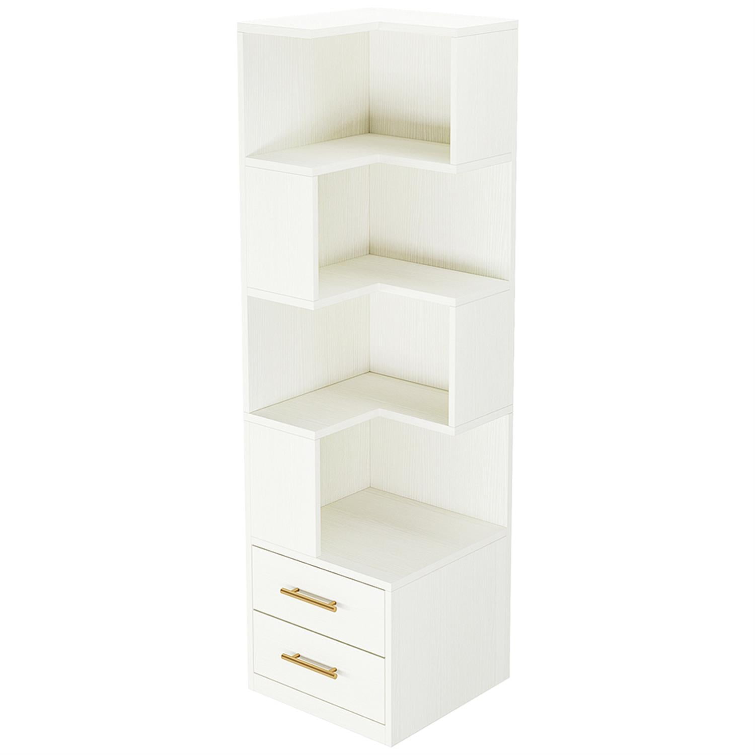Demi Bonn 5 Tier Corner Bookcase with 2 Drawers, Wood Bookshelf Storage Organizer, L-Shaped Display Standing Shelf Unit for Bedroom, Living Room, White
