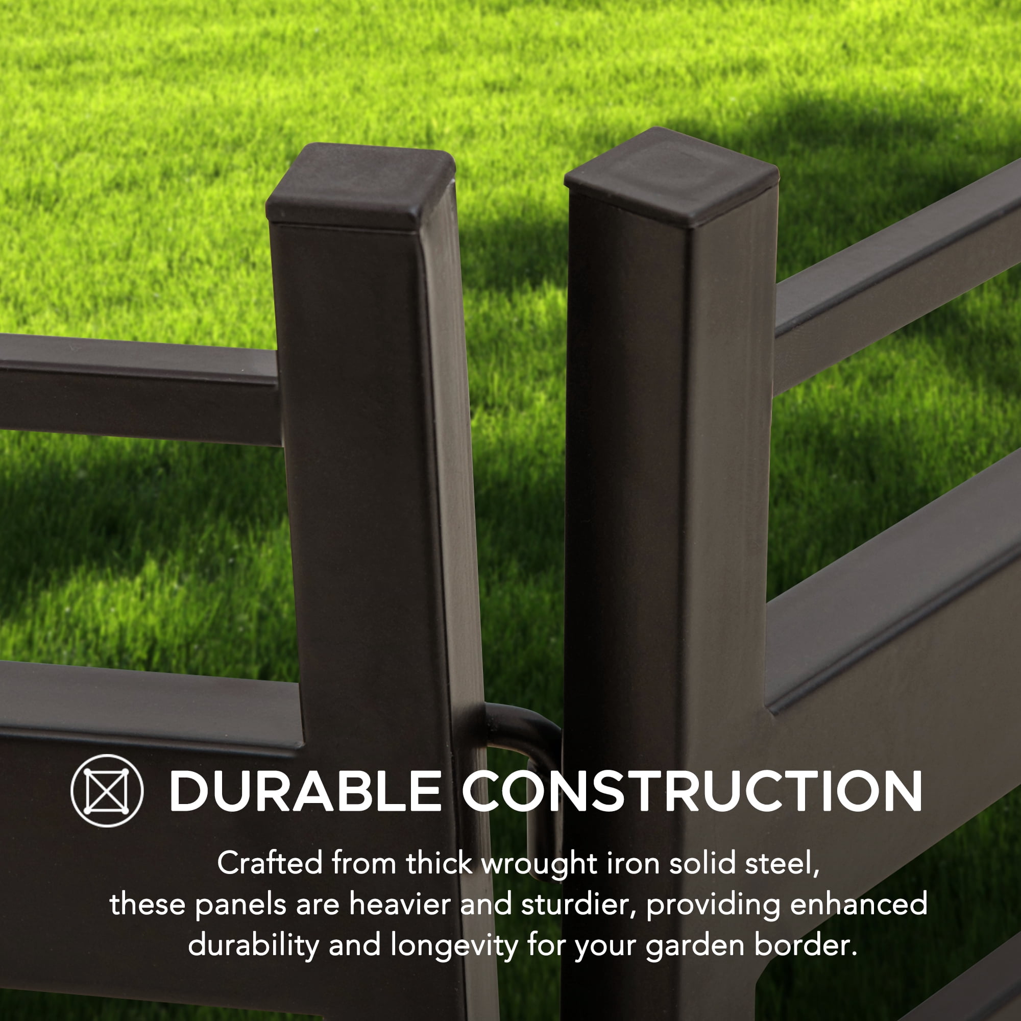 SUNJOY Garden Fence Solar Border Fencing with Waterproof LED Path Lights, Metal Strip Pattern Fence Panel Outdoor Decorative Garden Fences(5PK), Brown