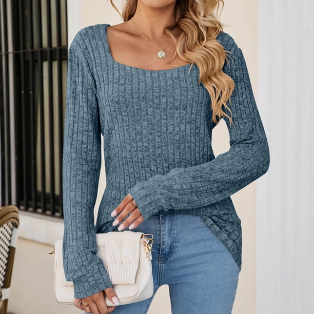 Pntutb Blusa regular sólida de manga larga con cuello cuadrado sexy de invierno para mujer Pntutb Pntutb-578