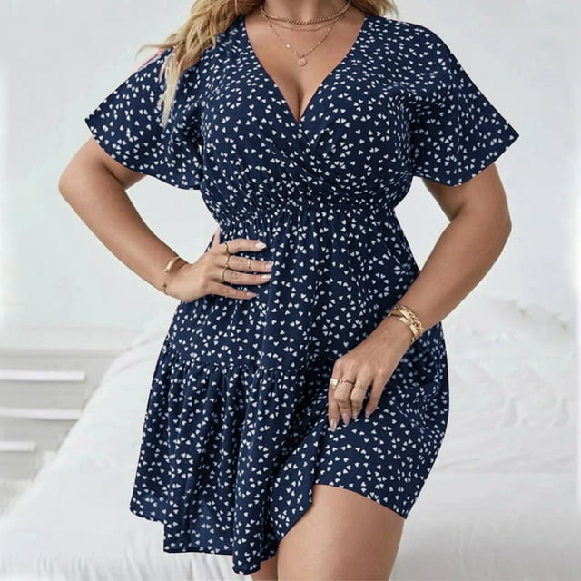 Robes pour Femmes 2024 Femmes Grande Taille Imprimé Taille Élastique Col en V Manches Courtes Robe en Liquidation