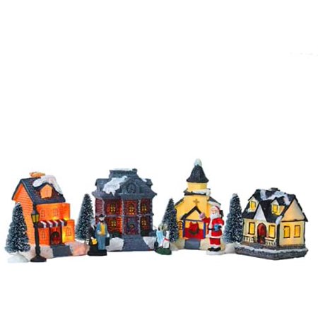 Toyland Mini Christmas Village Set – 12 Illuminated Stores With LED Lights, Tabletop Winter Scene Decor