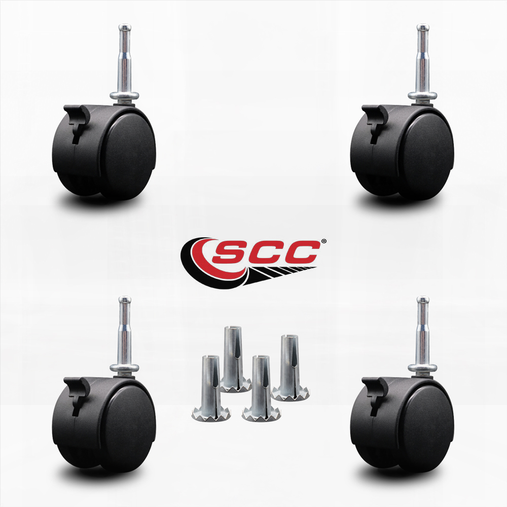 2-3/8 Inch Chair Caster Twin Wheel with Brakes 5/16” Grip Neck Stem Set of 4 SCC