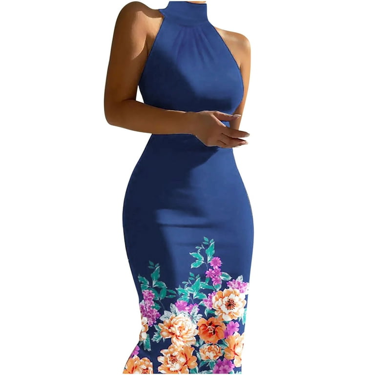 Bodycon Dresses for Women Sexy Halter Neck Sleeveless Party Dress Wrap Hip  Dress Long Vintage Floral Print Sundress - Walmart.com
