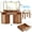 Tea Brown with Stool, variant on Modern Rattan Corner Vanity Desk, 46" Corner Makeup Vanity Desk with Smart Mirror and Lights, Oak Vanity Desk with Charging Station and 1 Drawer, Stool & Shelves for Bedroom, Tea Brown