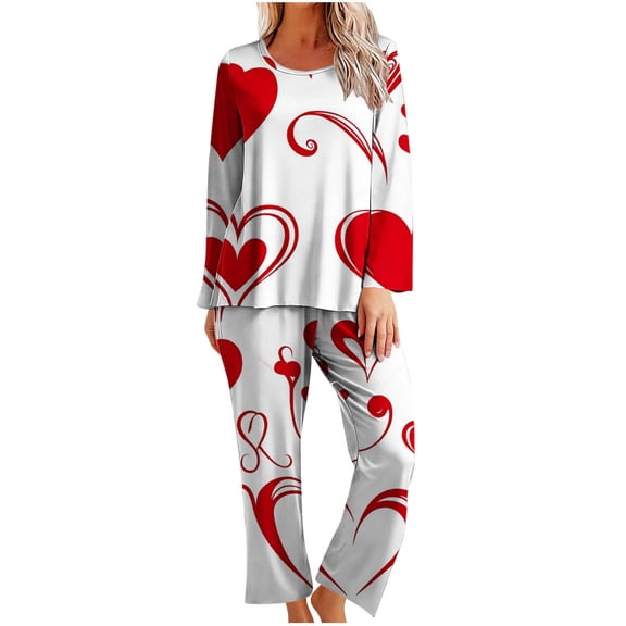 Levmjia Womens Pajama Set Fashion Printed Round Neck Long Sleeve Pants Winter Sleepwear Casual Soft Comfortable Two Piece Set Valentine Home Relaxation Sleep