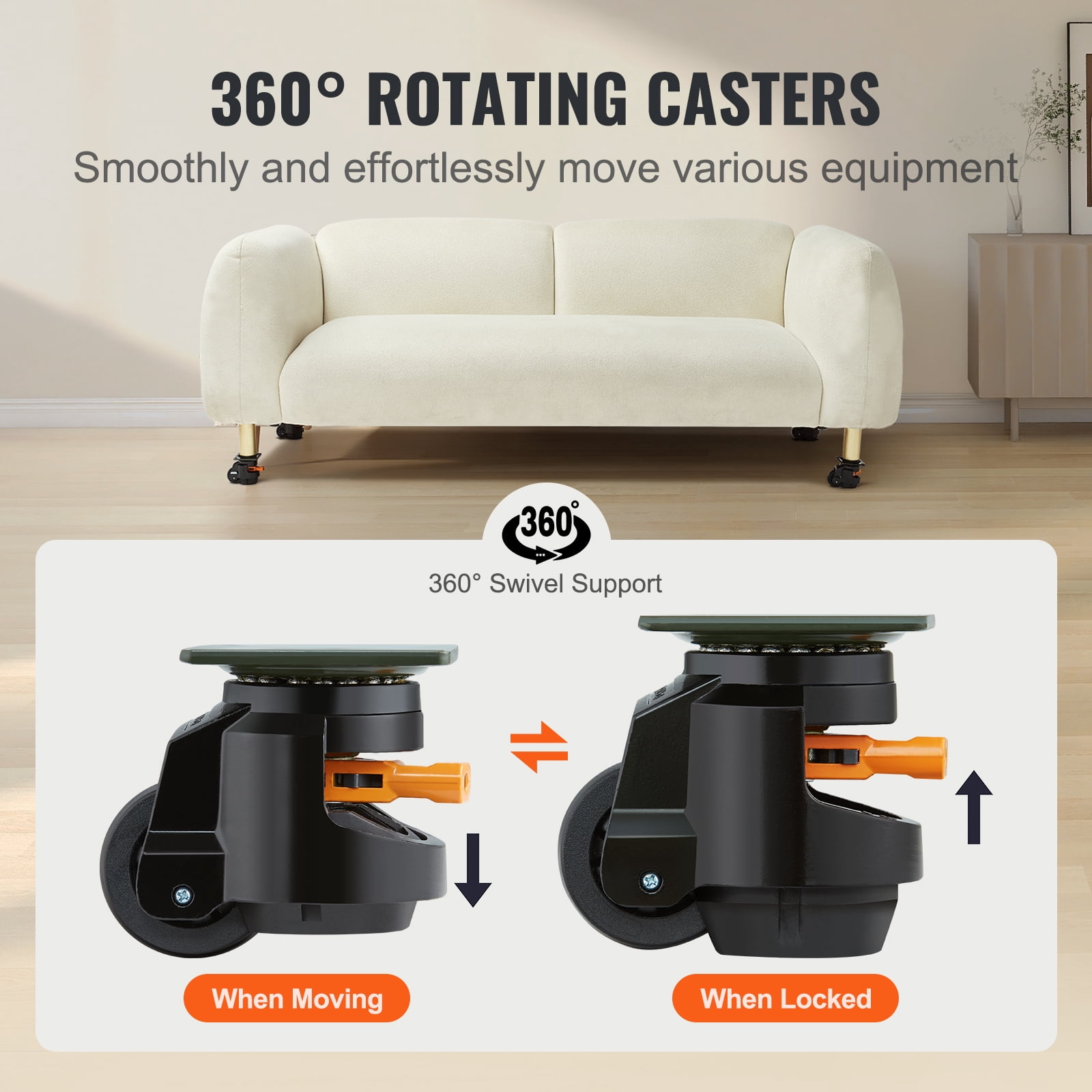 VEVOR Leveling Casters, Set of 4, 2200 lbs Total Load Capacity, 2.5 inches, Heavy Duty with Upgraded Handle Design, 360 Degree Swivel Caster Wheels, Adjustable Casters with Feet for Workbench