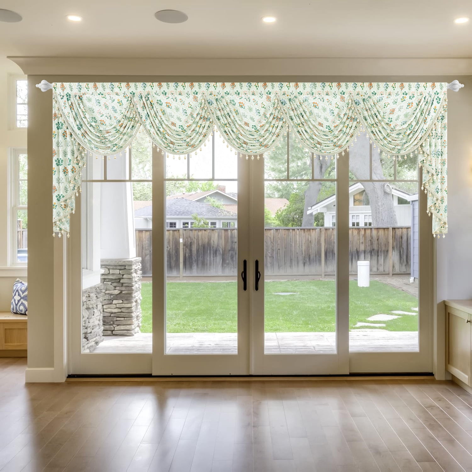VOGOL Bay Window Waterfall Valance 138x43 Inch - Farmhouse Vintage Floral Sheer Voile, Extra Wide with Buttercream Beaded Trim