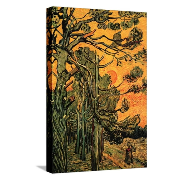 Art.com Pine Trees Against a Red Sky with Setting Sun Stretched Canvas Print Wall Art by Vincent van Gogh, 12" x 18"