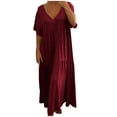 thumbnail image 1 of onlyliua Robes Boho pour Femmes 2025 Manches Courtes Col en V Uni Coupe Droite Robes en Lin Tenue de Plage Coupe Ample Mode d'Été Coton Doux pour Tenue Décontractée Articles en Liquidation, 1 of 5
