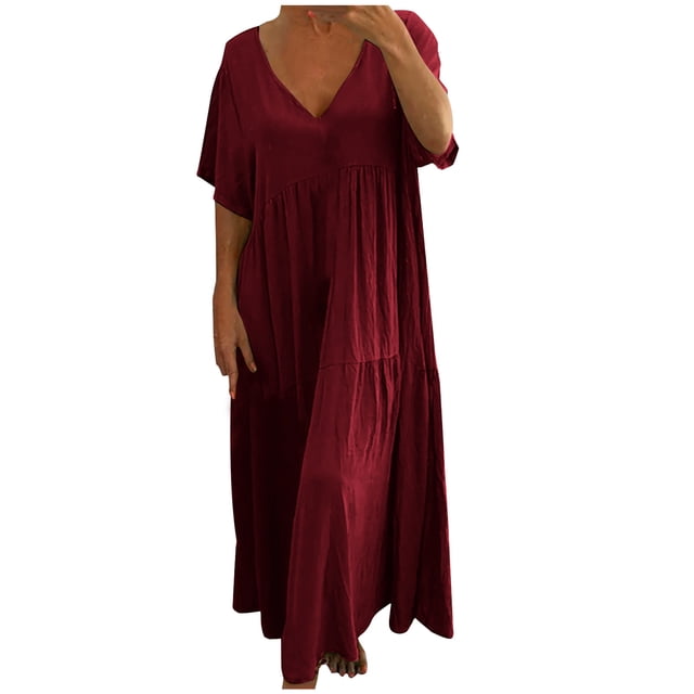 onlyliua Robes Boho pour Femmes 2025 Manches Courtes Col en V Uni Coupe Droite Robes en Lin Tenue de Plage Coupe Ample Mode d'Été Coton Doux pour Tenue Décontractée Articles en Liquidation