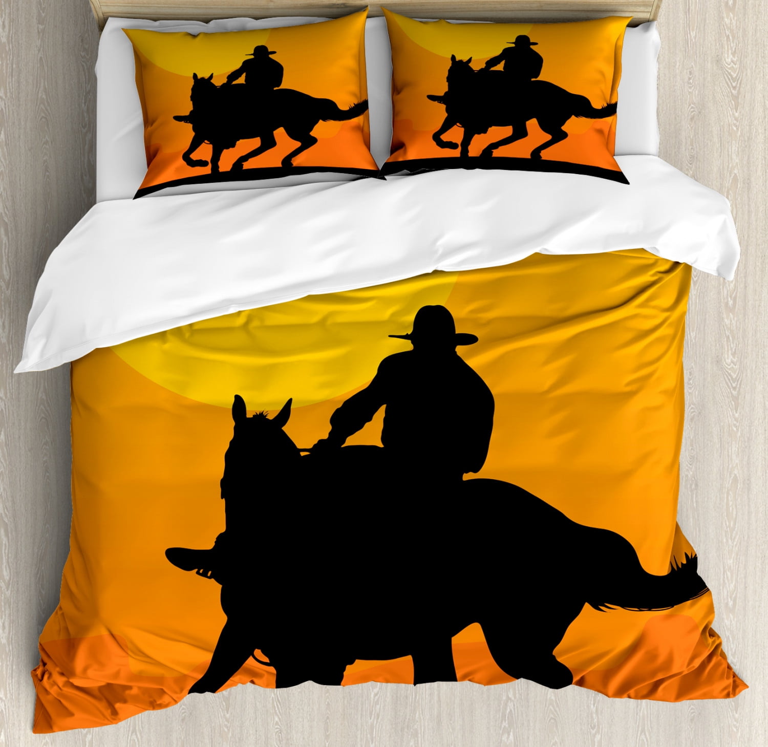 Rodeo Duvet Cover Set King Size, Silhouette of a Rider Against Sunset ...