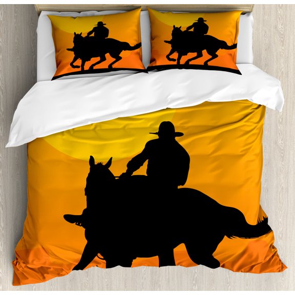 Rodeo Duvet Cover Set Queen Size, Silhouette of a Rider Against Sunset Background Evening Mountains, Decorative 3 Piece Bedding Set with 2 Pillow Shams, Charcoal Grey Mustard Orange, by Ambesonne