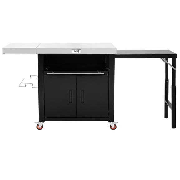 Feasto Grill Table, Outdoor Kitchen with Cabinet & 2 Foldable Side Tables, Stainless Steel Top Movable Cart with Pull-Out Plate