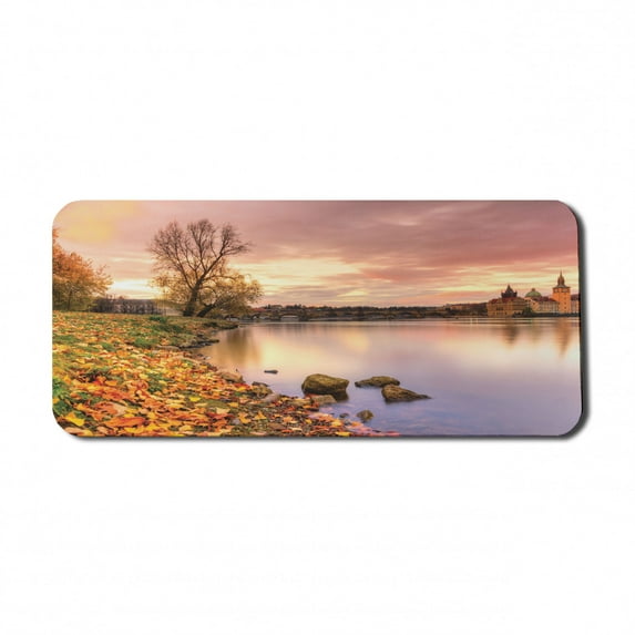 Landscape Computer Mouse Pad, Bohemian Old Town Scenery by the River with Gothic Buildings in the Fall Sunset, Rectangle Non-Slip Rubber Mousepad X-Large, 35" x 15", Pink Orange, by Ambesonne