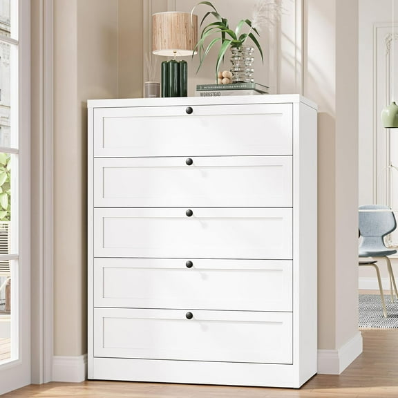 Letaya 5 Drawer Dresser for Bedroom, Metal Chest of Drawers Tall White Closet Organizers and Storage Clothes, Accent Storage Cabinet for Living Room, Entryway, Hallway, White