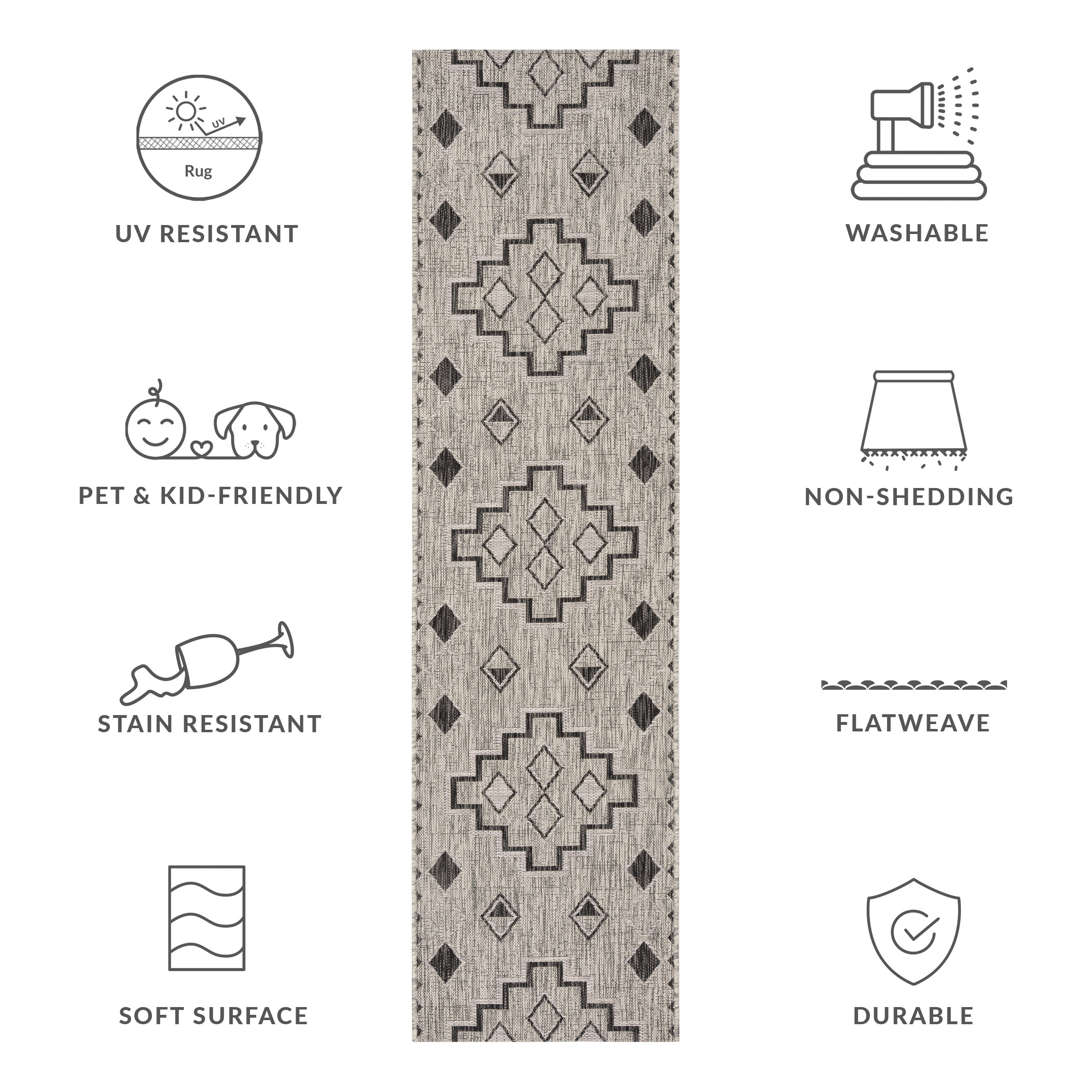 SAFAVIEH Courtyard Floella Geometric Indoor/Outdoor Runner Rug, Grey/Black, 2'3" x 14'