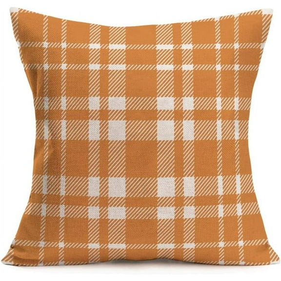 Orange Buffalo Plaid Pillow Covers Fall Decor Farmhouse Decoration Throw Pillow Cases Autumn Harvest Thanksgiving Day Cushion Cover for Outdoor Sofa Couch 20x20 Inch (A003)